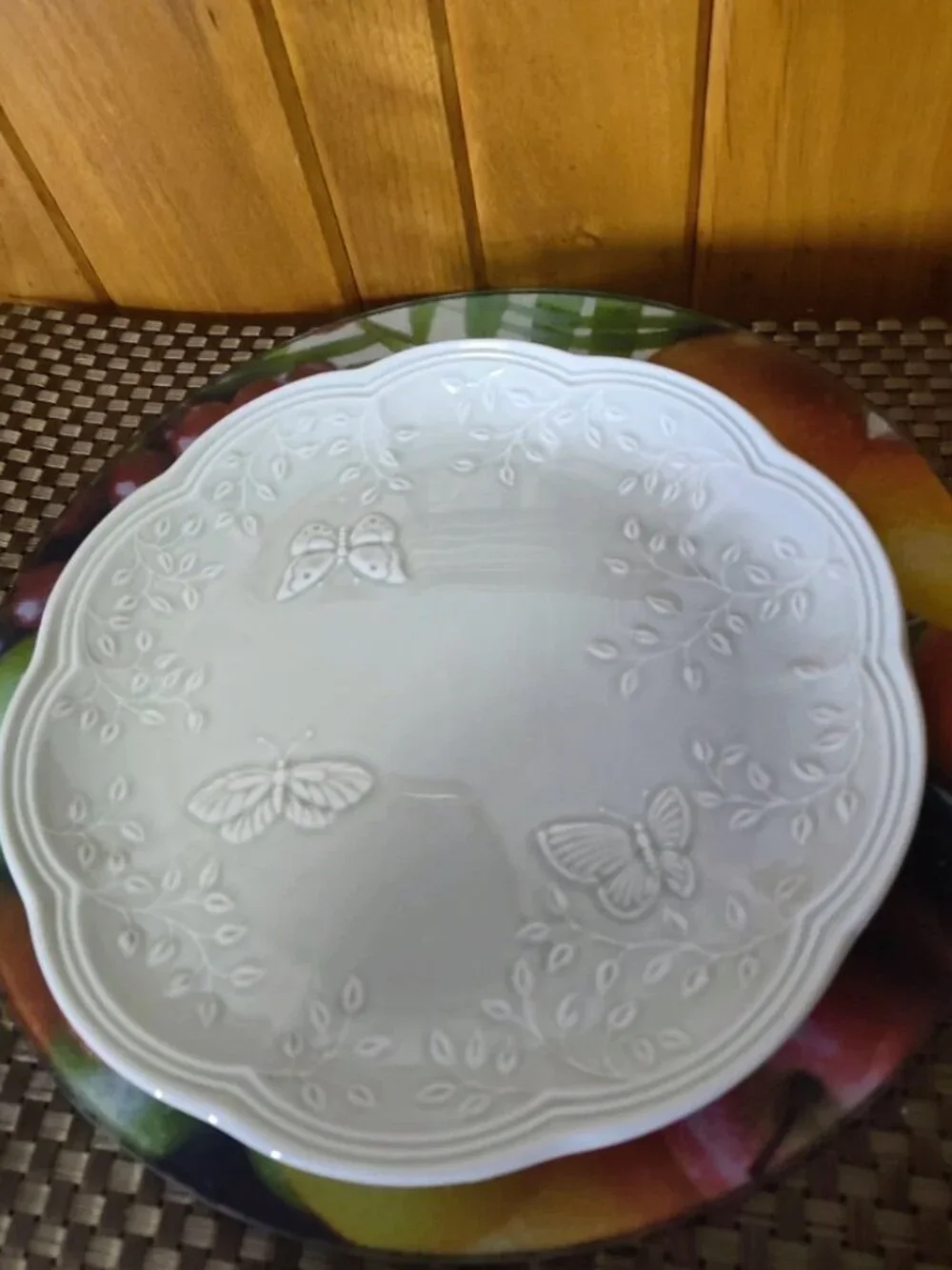 Lenox Butterfly Meadow Leaf Embossed Footed Cup Saucer & Plate Set of 3